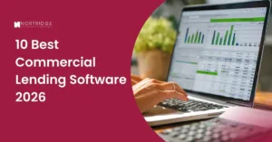 Northridge Software Company article banner image titled "10 Best Commercial Lending Software 2026," featuring a close-up photo of a person's hands typing on a laptop displaying charts and data.