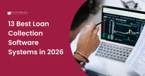 A promotional blog header from Nortridge Software Company titled "13 Best Loan Collection Software Systems in 2026." The image features a person reviewing financial stock charts and data on a laptop and printed document.