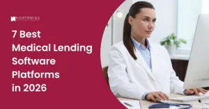 A banner for Nortridge Software Company featuring a healthcare professional in a white lab coat working at a computer. Large white text on a maroon background reads, "7 Best Medical Lending Software Platforms in 2026.
