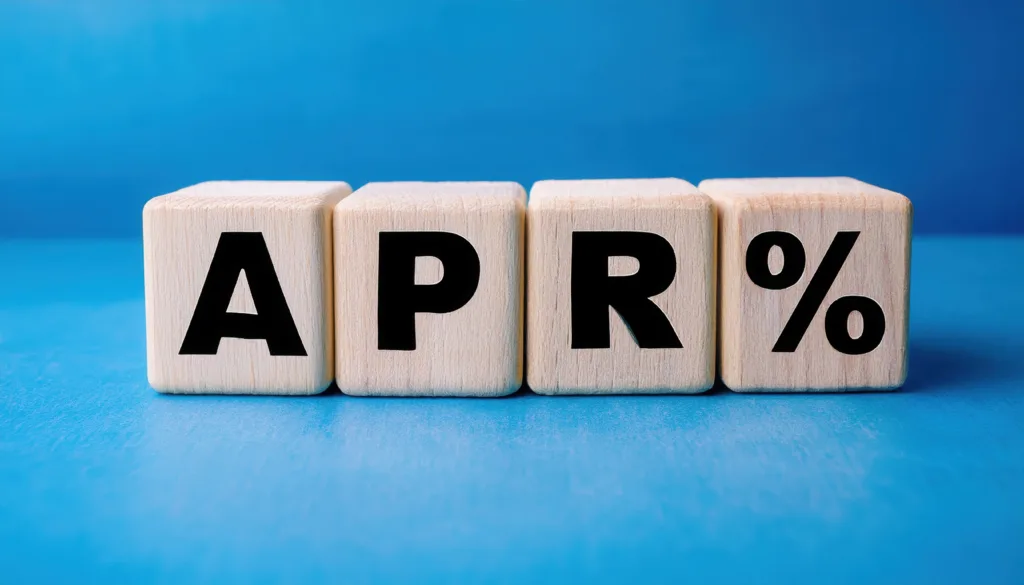 Wooden blocks spelling APR% on a blue background.