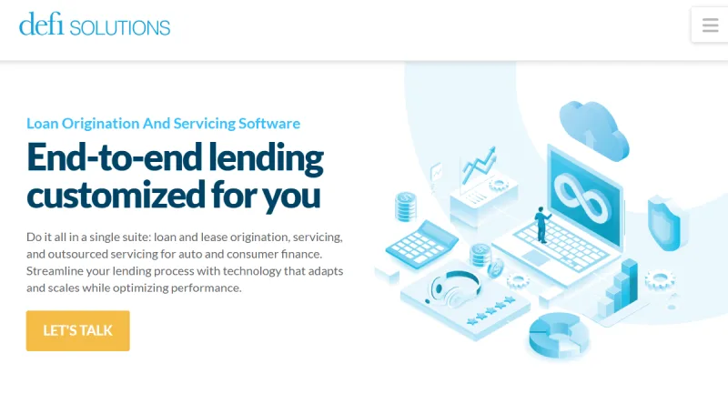 Defi Solutions loan origination and servicing software homepage for auto consumer lenders.