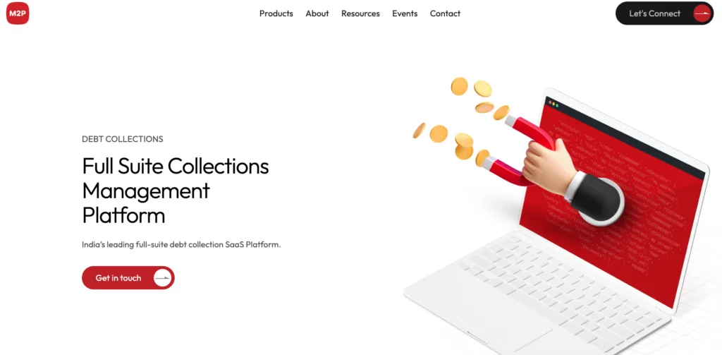 M2P debt collections platform webpage with headline, call-to-action button, and illustration of a laptop attracting coins with a magnet.