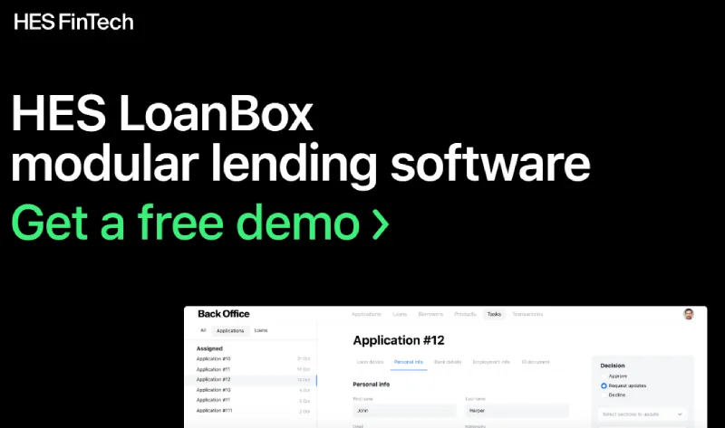 HES LoanBox modular lending software homepage showing digital loan management platform interface.