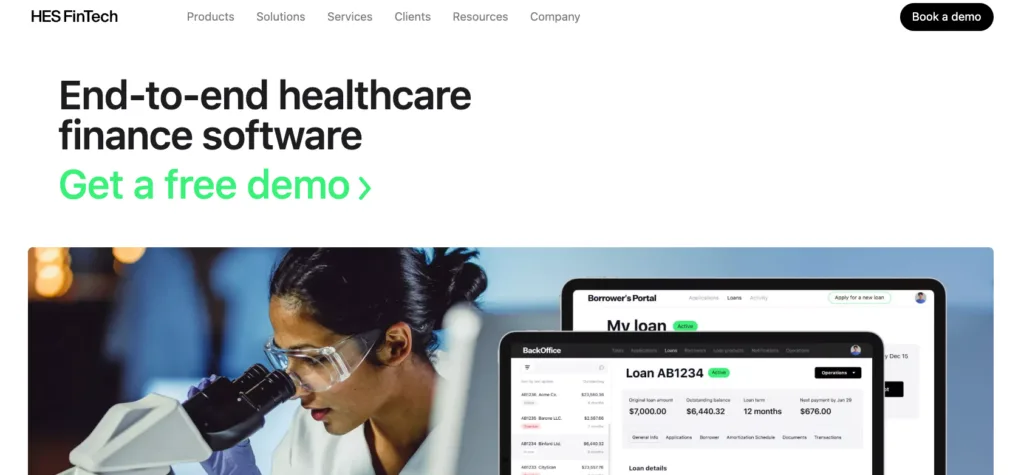  HES FinTech webpage for healthcare finance software, featuring a "Book a demo" button and a scientist using a microscope alongside software dashboard previews.