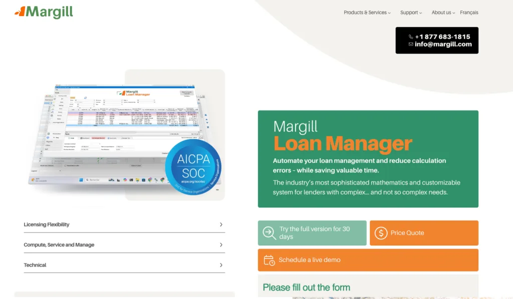 Margill Loan Manager webpage showcasing loan management software with product details, certification badge, and call-to-action options.