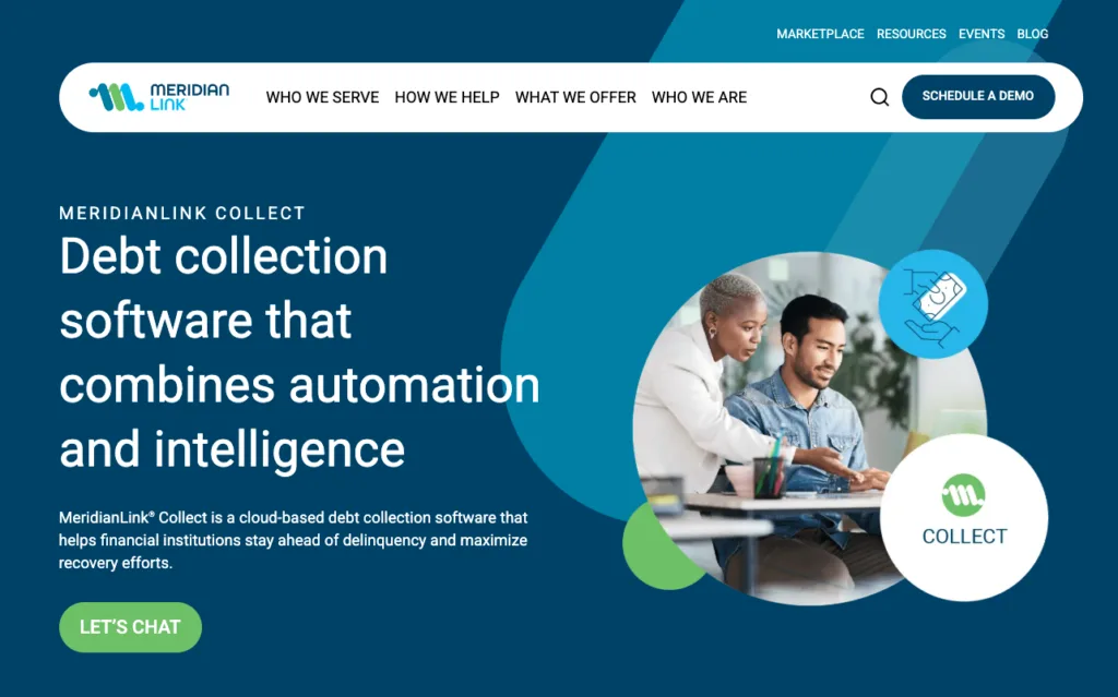 MeridianLink Collect webpage promoting cloud-based debt collection software with automation and intelligence features.
