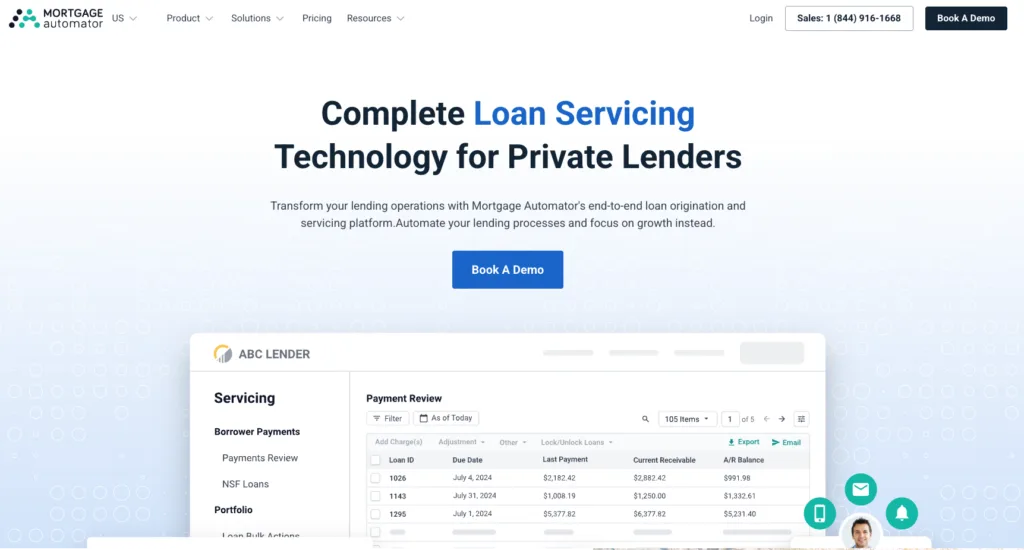 Mortgage Automator loan servicing platform webpage promoting end-to-end lending technology with demo call-to-action and dashboard preview.