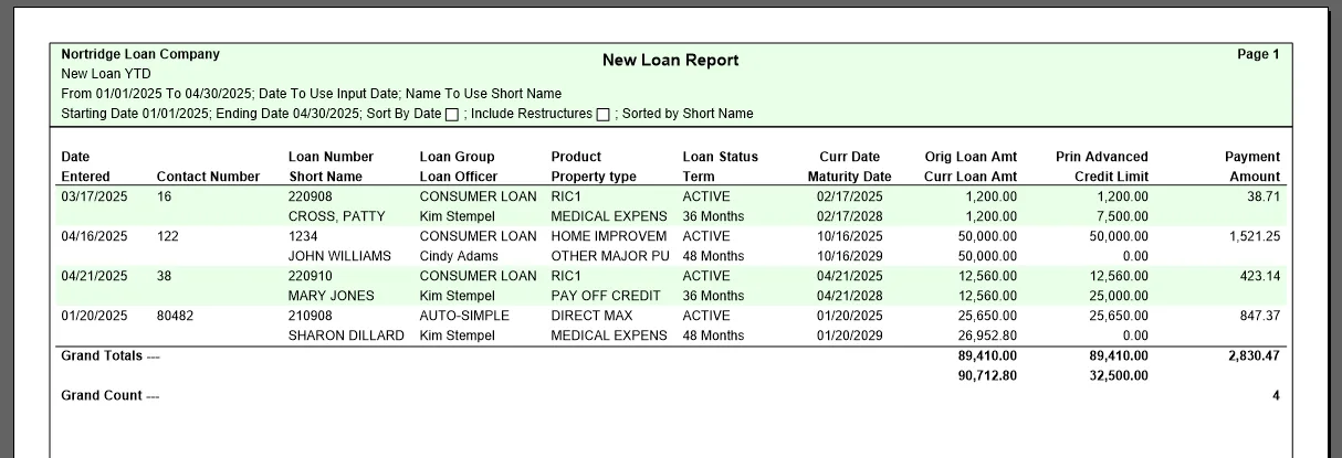 A loan report from Nortridge lending software.