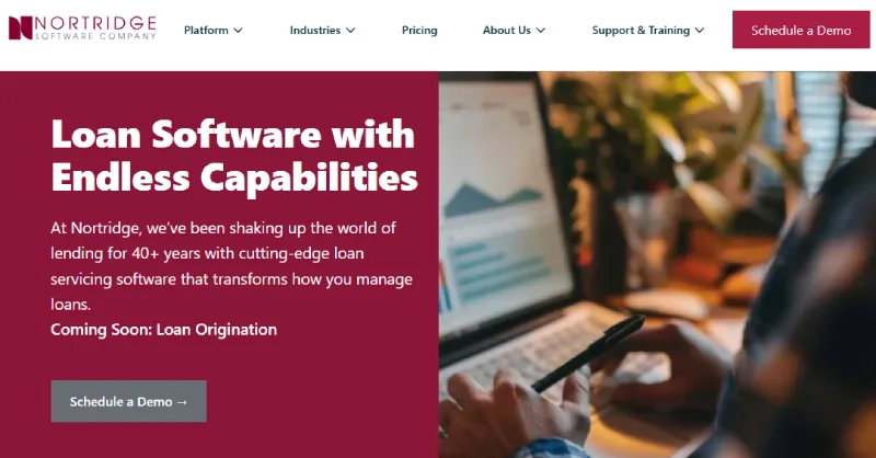 Nortridge Loan System homepage featuring configurable loan servicing software with endless capabilities