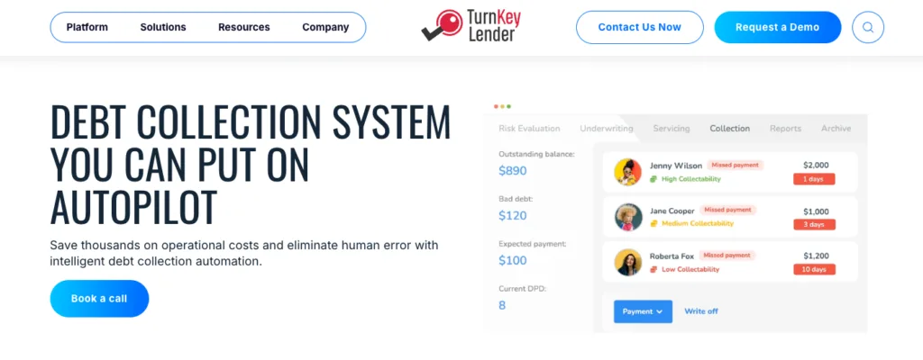 A webpage for TurnKey Lender promoting an automated debt collection system, featuring a "Book a call" button and a UI mockup showing borrower statuses and collectability rankings.