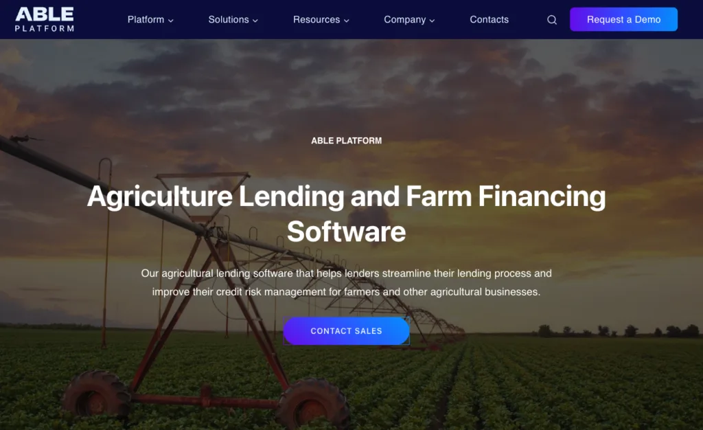 ABLE Platform agriculture lending and farm financing software homepage with irrigation field background.