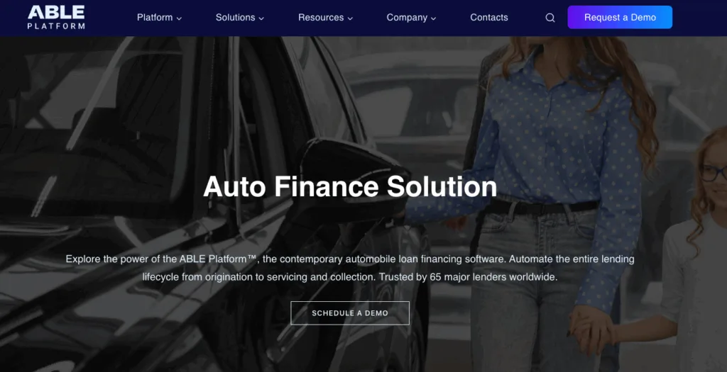 ABLE Platform website screenshot promoting auto finance software with an image of a family by a car.