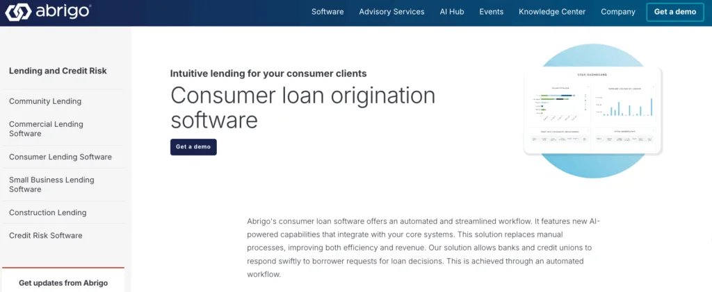 Abrigo website screenshot for consumer loan origination software featuring a digital user dashboard graphic.