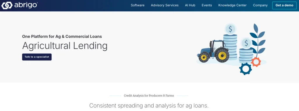 Abrigo agricultural lending software homepage with tractor, crop, and financial icons.