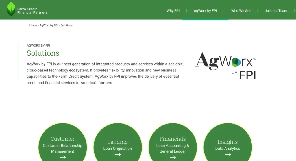 AgWorx by FPI solutions page showing agricultural lending and financial service categories.