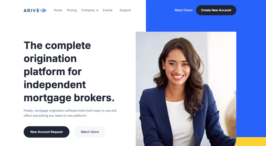 A website landing page for ARIVE features a modern, high-contrast design with a large portrait of a smiling professional woman.