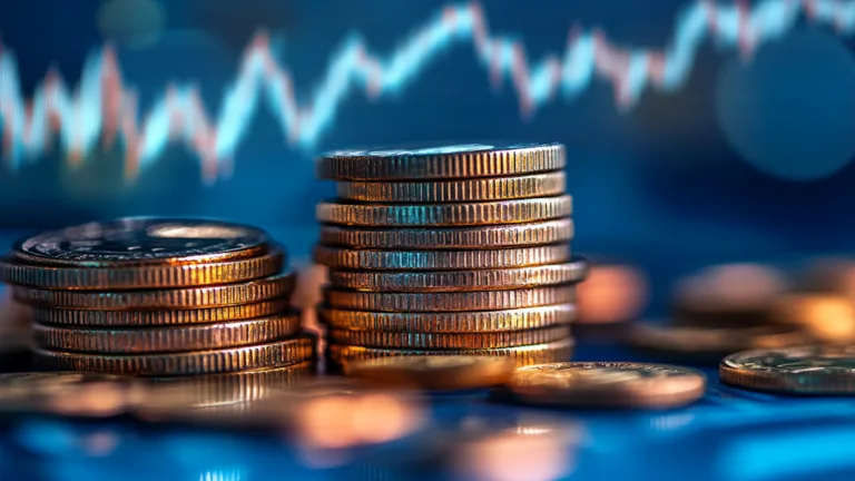 Stacked coins with financial chart illustrating automated loan processing efficiency and portfolio growth.