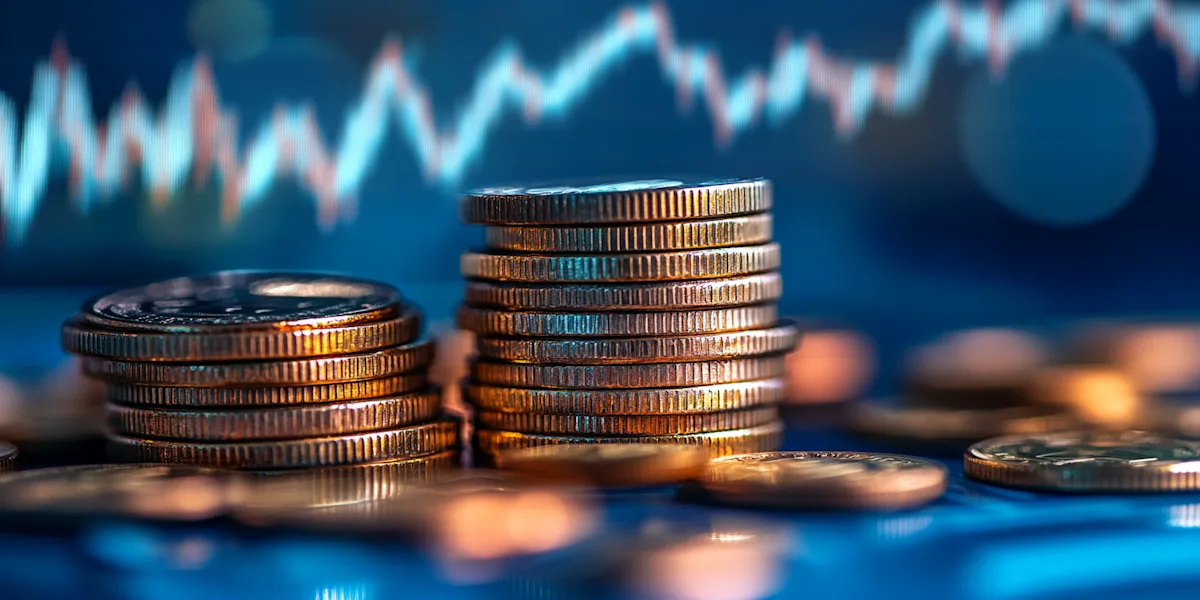 Stacked coins with financial chart illustrating automated loan processing efficiency and portfolio growth.