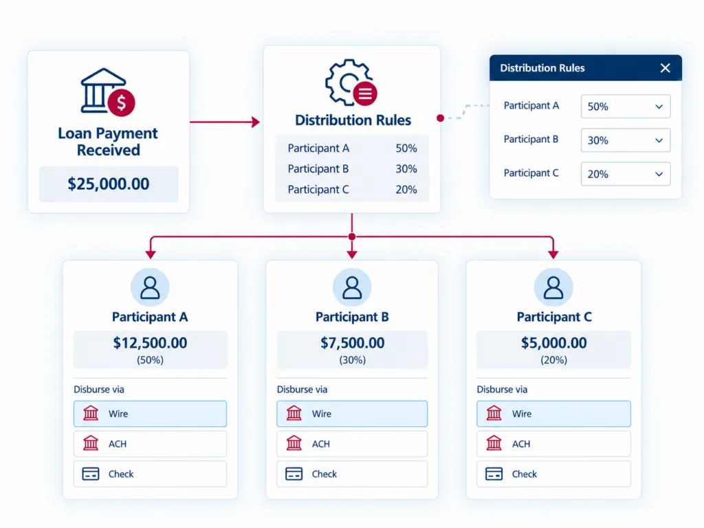 Workflow illustrating loan payment allocations across three participants using configurable distribution rules. 
