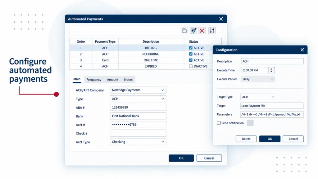 Nortridge automated payments interface showing ACH and card payment configuration options.