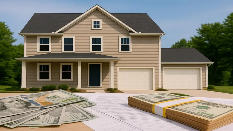 Suburban house with cash and documents in foreground, representing hard money lending collateral concept.