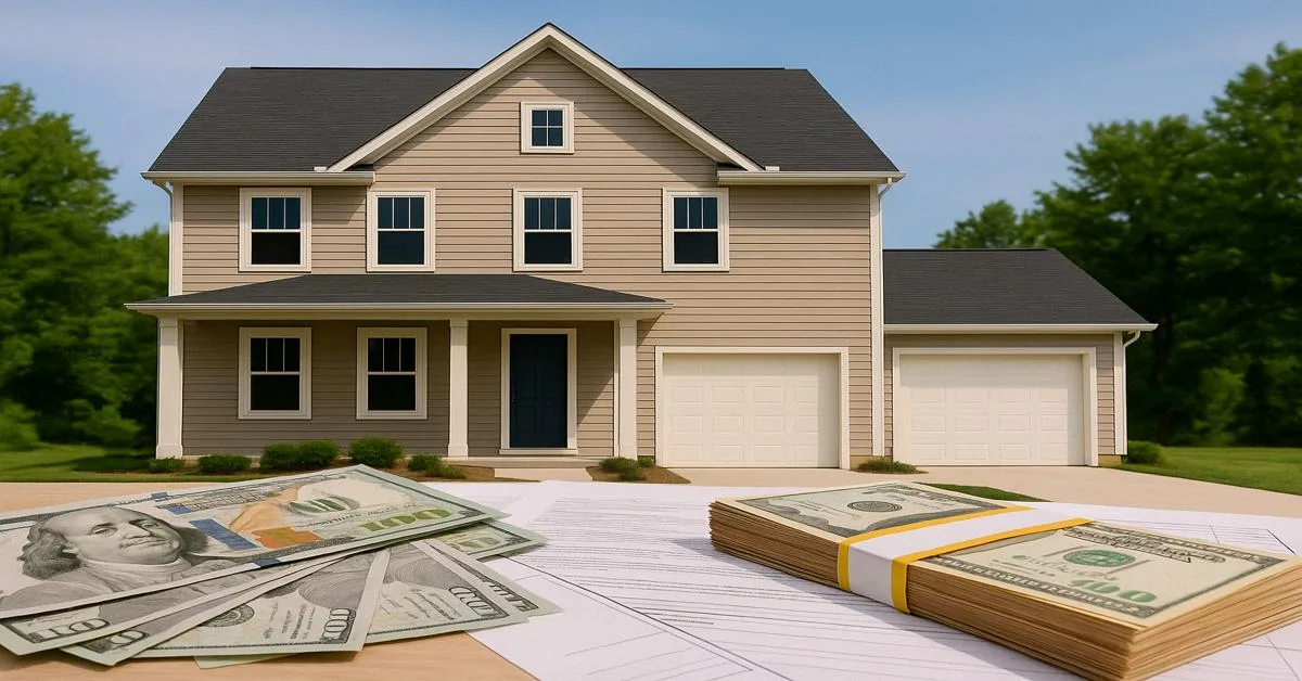 Suburban house with cash and documents in foreground, representing hard money lending collateral concept.