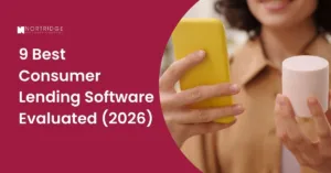 Blog banner for "9 Best Consumer Lending Software" showing a person holding a yellow smartphone.