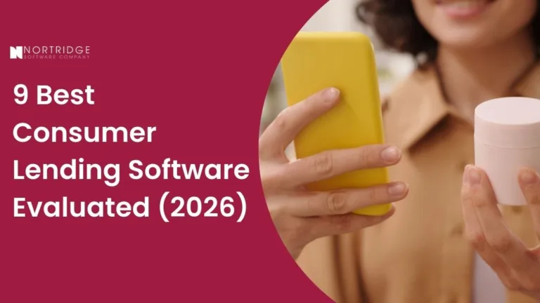 Blog banner for "9 Best Consumer Lending Software" showing a person holding a yellow smartphone.