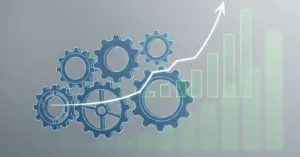 Loan management software systems with gears and a growth chart showing automation efficiency