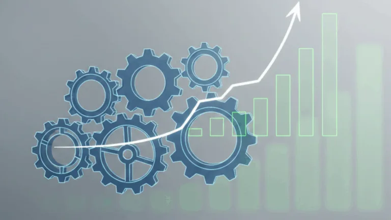 Loan management software systems with gears and a growth chart showing automation efficiency
