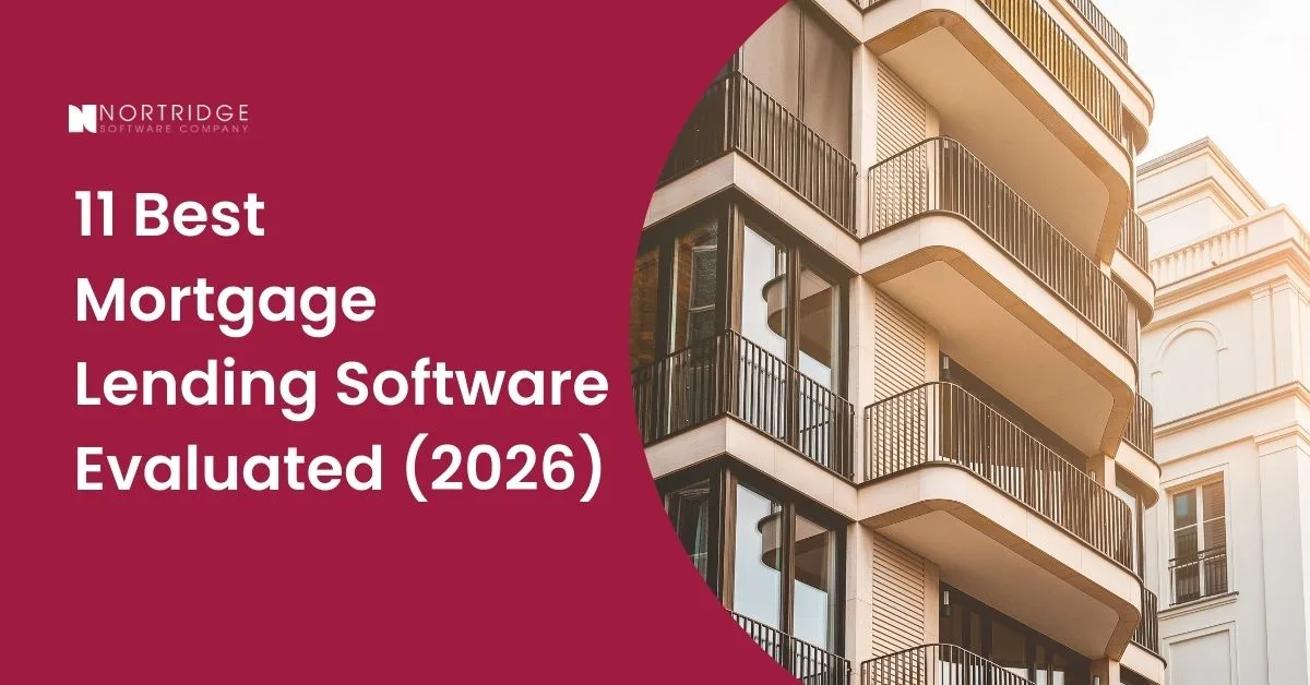 A blog post hero image for Nortridge Software Company featuring a maroon background and a curved architectural photo of a modern apartment building.