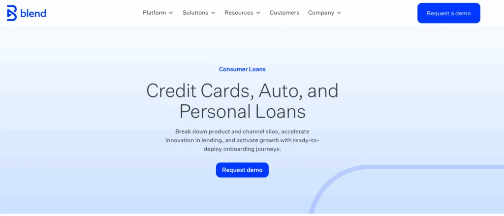 Blend website screenshot promoting credit card, auto, and personal loan software with "ready-to-deploy onboarding journeys."