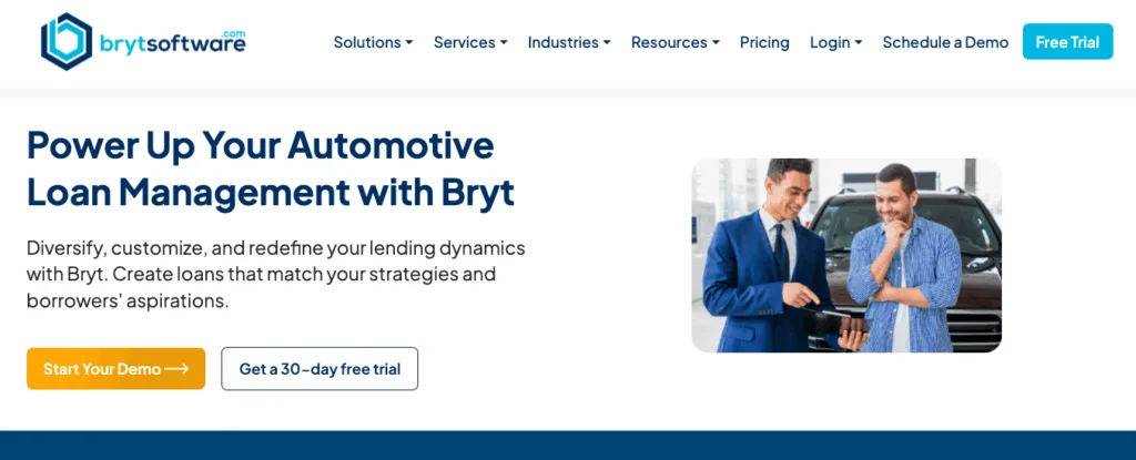 Bryt Software website screenshot promoting automotive loan management with an image of two men discussing a car.