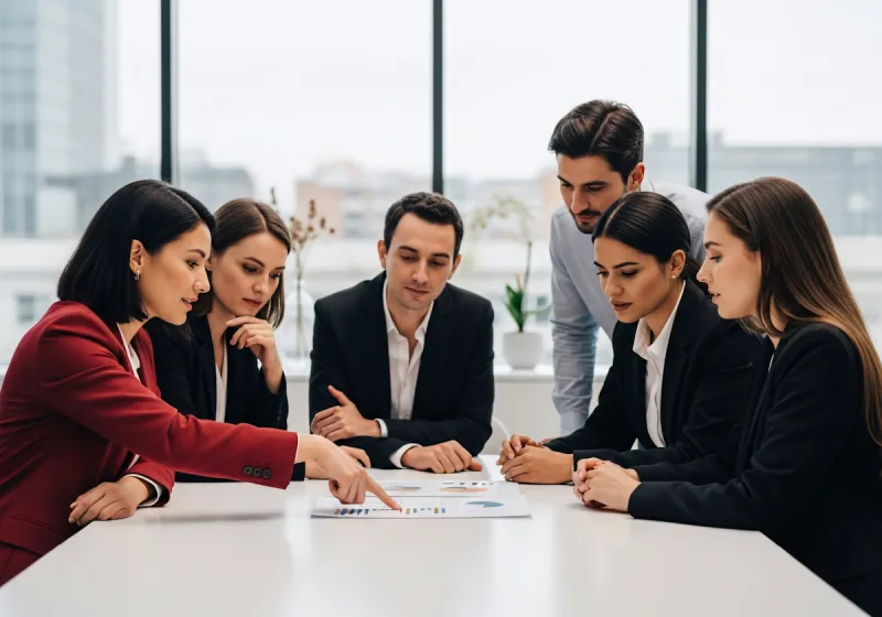 Six business professionals in suits gathered around a table reviewing colorful bar and pie charts.