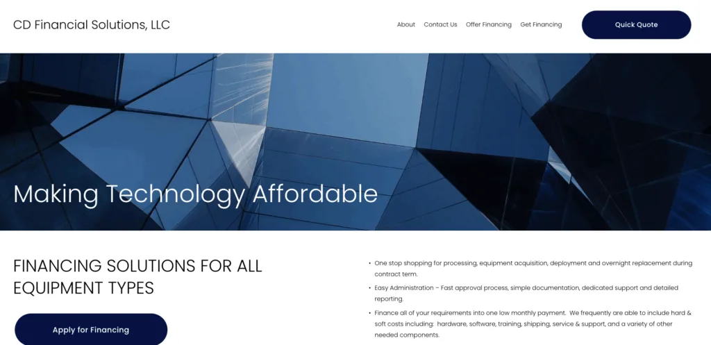 CD Financial Solutions homepage promoting technology equipment financing and administrative solutions.