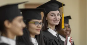 Diverse group of college graduates in caps and gowns at commencement ceremony