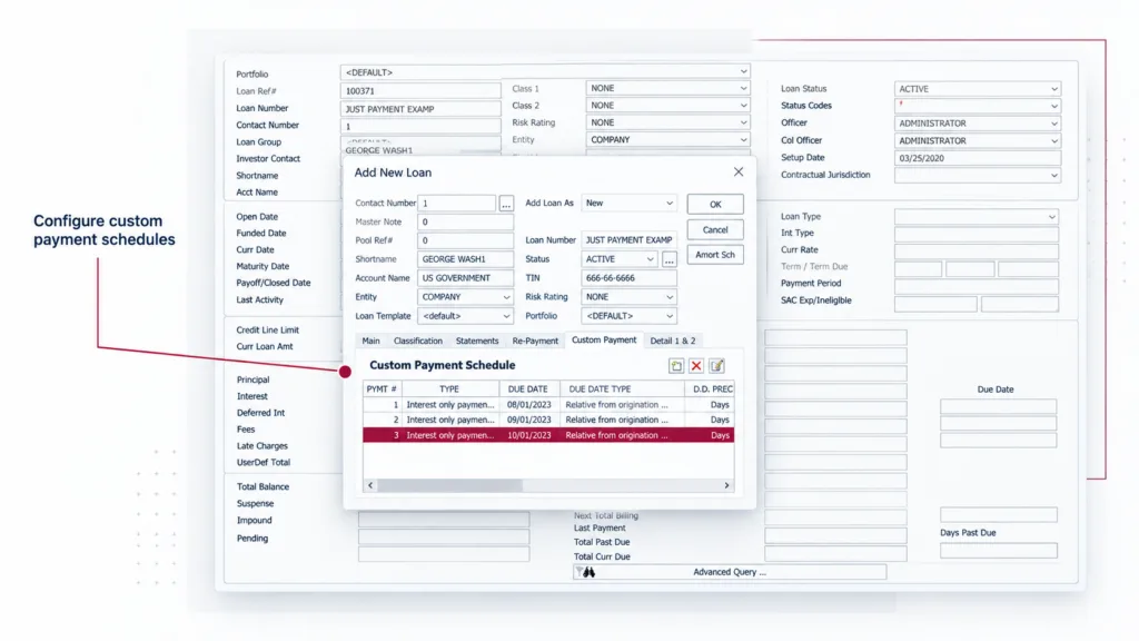 Nortridge loan software screen showing where to configure custom payment schedules