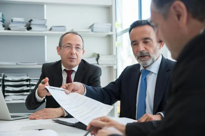 Three consultants reviewing documents during a professional business meeting.