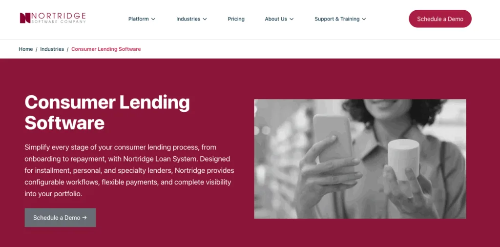 Nortridge website screenshot promoting consumer lending software featuring a woman holding a smartphone and product.