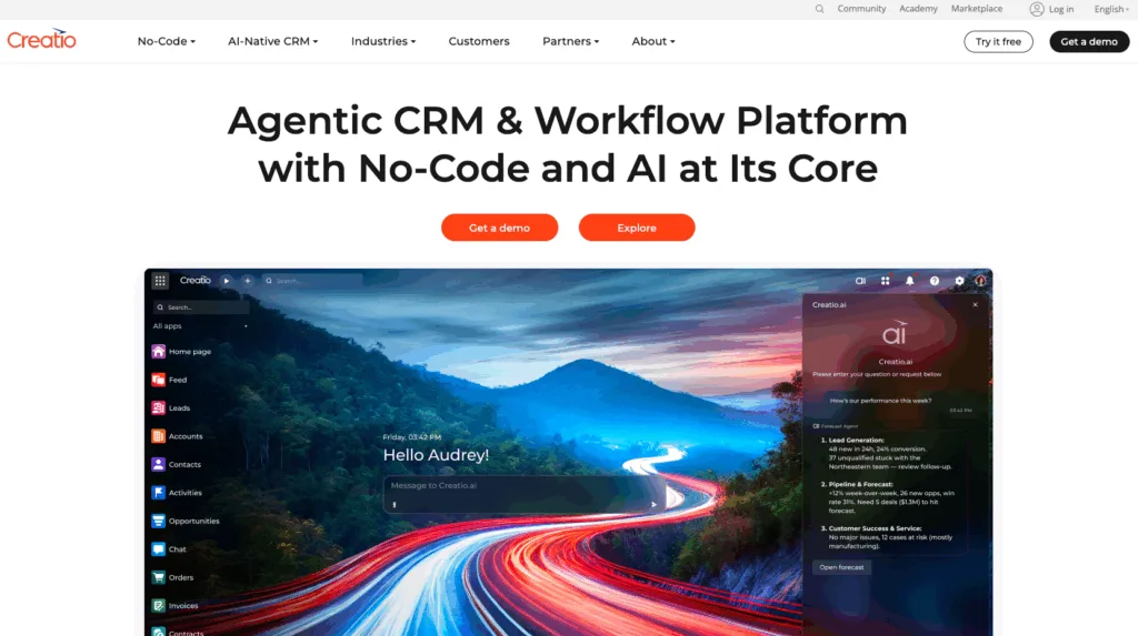 Creatio homepage promoting an AI-Native CRM and workflow platform with no-code capabilities.