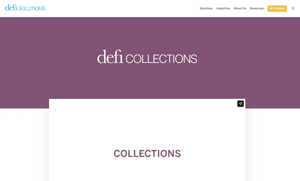 Defi Solutions collections webpage featuring “Defi Collections” branding with a demo call-to-action.
