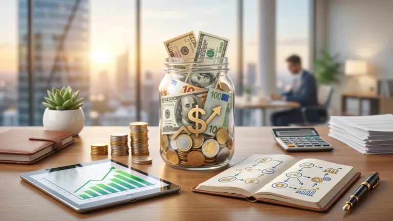 Jar of cash and coins beside financial charts representing delinquency management strategies for lenders.