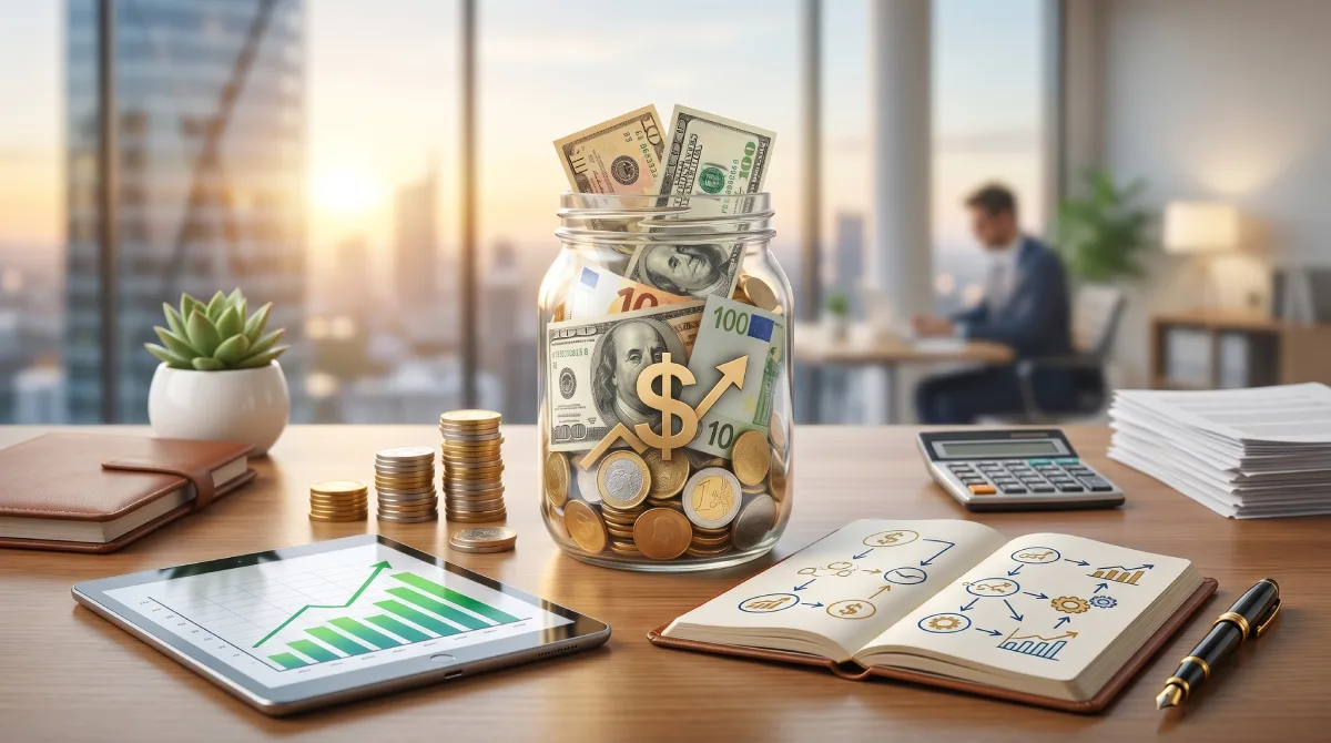 Jar of cash and coins beside financial charts representing delinquency management strategies for lenders.