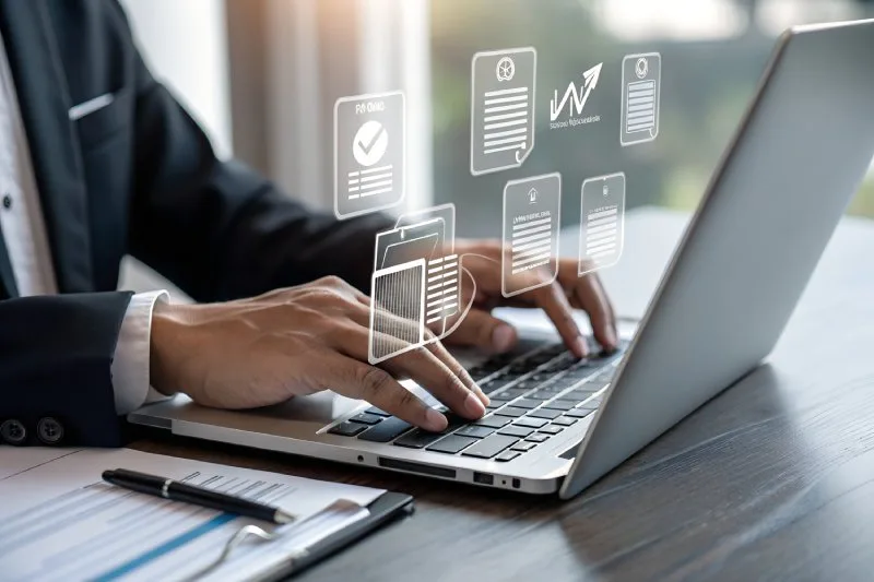 Loan servicer managing digital borrower records, payments, and loan documents on a laptop 