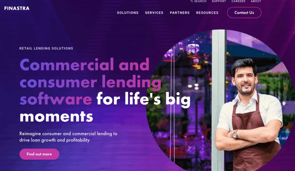 Finastra website screenshot for commercial and consumer lending software featuring a man in an apron.
