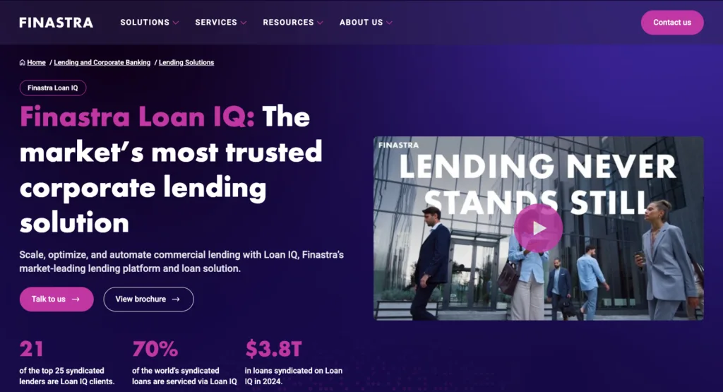 Finastra Loan IQ homepage for corporate lending solutions with video preview.