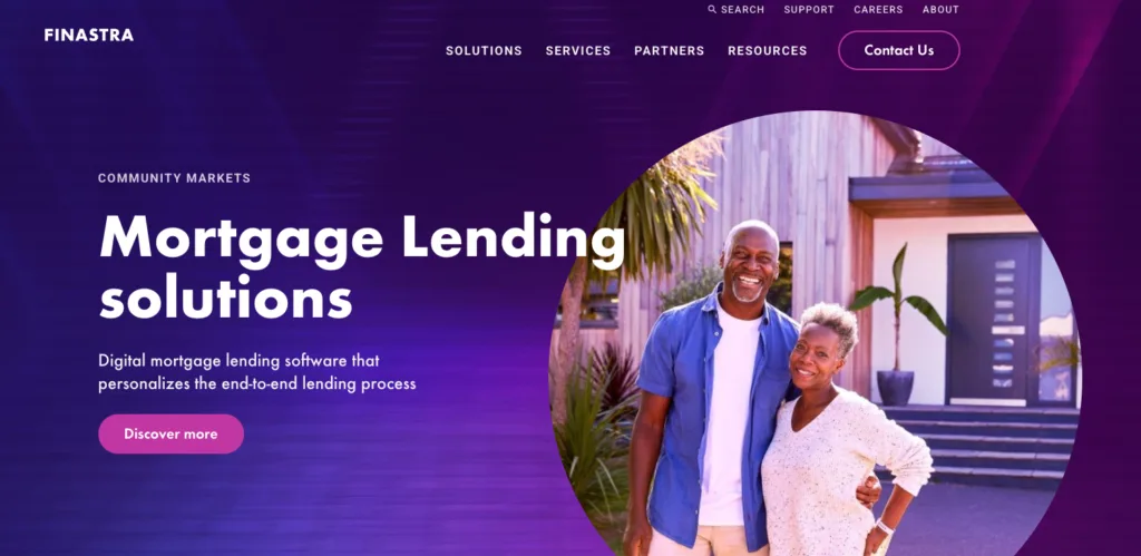 A website landing page for Finastra Mortgage Lending Solutions featuring a deep purple background and a circular hero image of a smiling older couple in front of a modern home.
