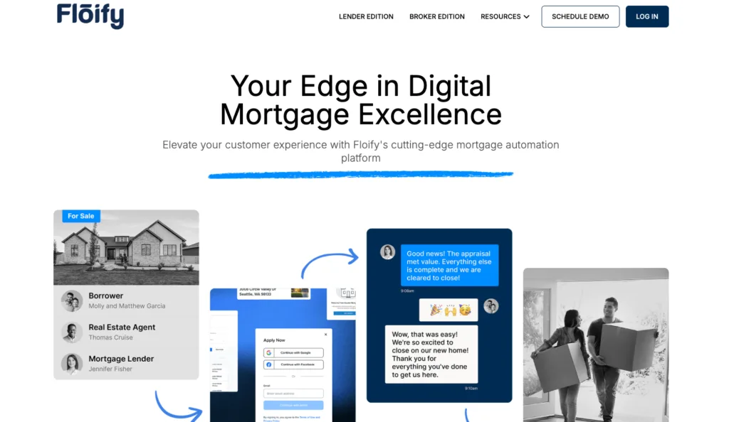 The website landing page for Floify features a clean, white design with a series of illustrative cards showing the mortgage journey from start to finish.