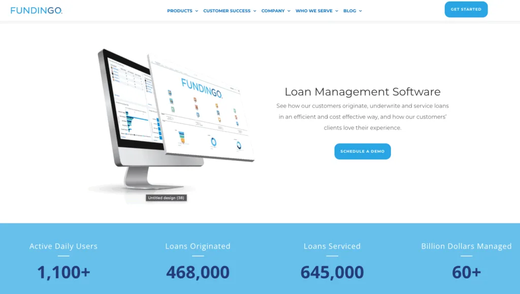 Fundingo homepage featuring Loan Management Software interface with key performance metrics for loans originated and serviced.