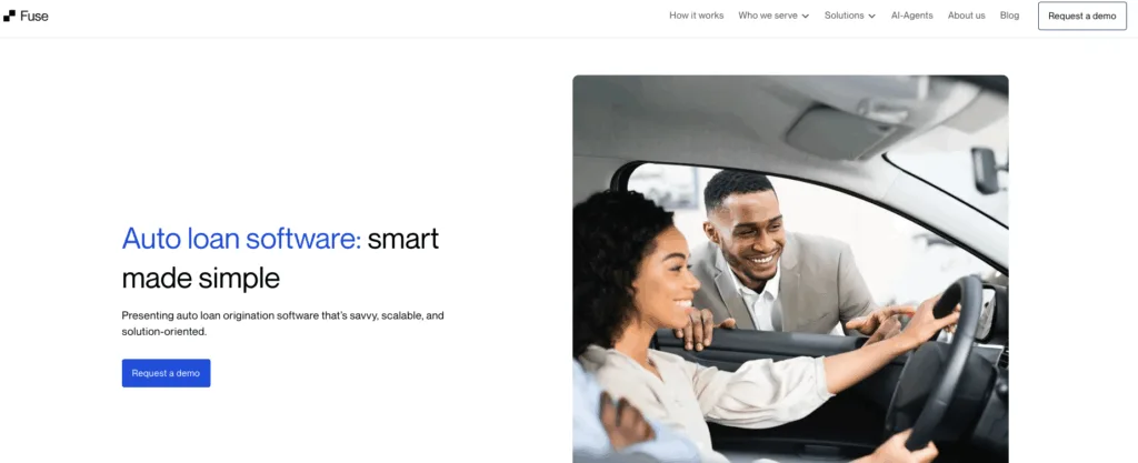 Fuse website screenshot promoting smart auto loan software with two people in a car.